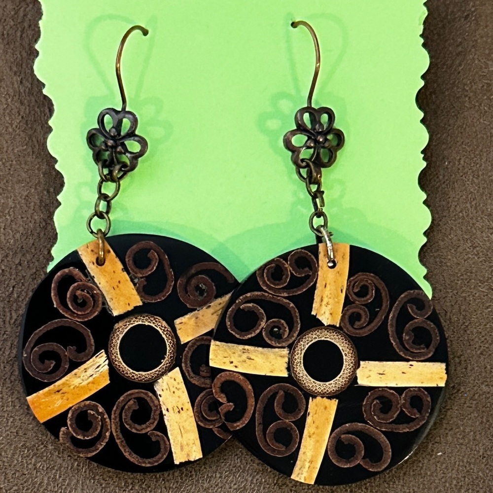 Boho Vintage Inspired Coconut Shell Statement Earrings Natural Fishhook spirals